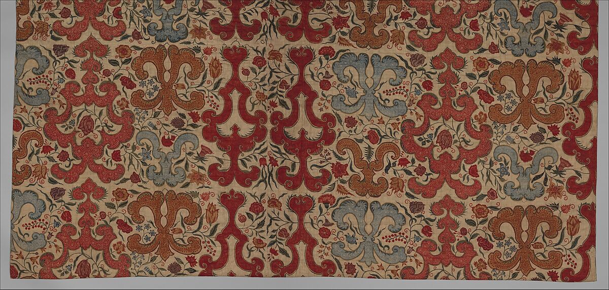 Quilt or Carpet, Cotton (drawn and painted resist and mordant, dyed, overpainted); silk lining and cotton filling, India (Coromandel Coast), for the European market