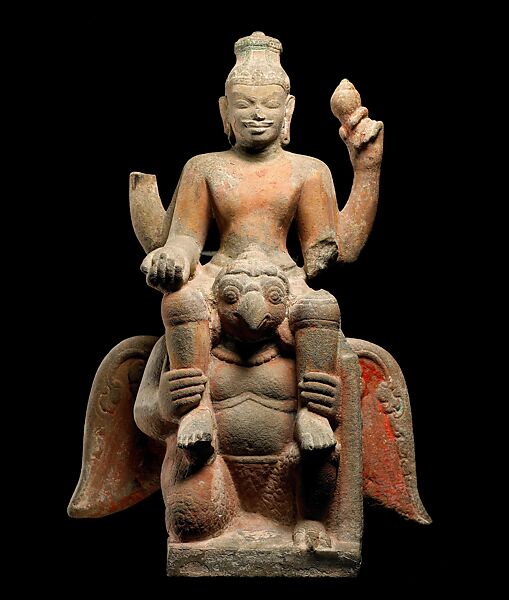 Vishnu Mounted on Garuda, Sandstone with polychrome, Central Vietnam 