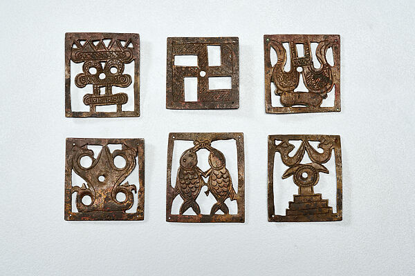 Six auspicious emblems (mangalas), Copper alloy, India, Kundangar, Kolhapur, Satara District, Maharashtra 