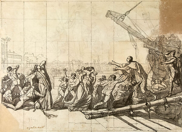 Allegory of the Revolution in Nantes, Jacques Louis David (French, Paris 1748–1825 Brussels), Pen and black ink, brush and gray wash, graphite, squared in graphite, on two joined and partially overlapping pieces of paper, with filled-in areas at the upper right and lower left corners 