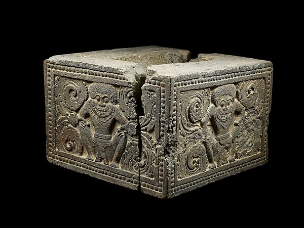 Socle for a Dharmachakrastambha (Wheel of the Law) Pillar with Squatting Lion-Headed Figures, Sandstone, Central Thailand 