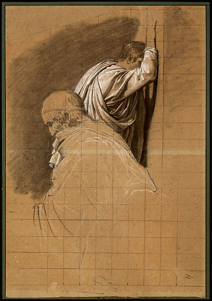 Seated Old Man (Plato) with a Young Man Standing Behind, Jacques Louis David (French, Paris 1748–1825 Brussels), Black chalk, stumped, heightened in white chalk, squared in black chalk 