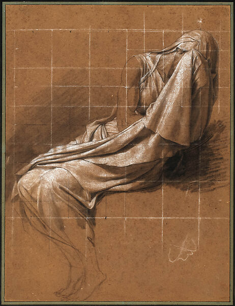Seated Woman Lamenting, Jacques Louis David (French, Paris 1748–1825 Brussels), Black chalk, stumped, heightened with white chalk, squared in black and white chalk 
