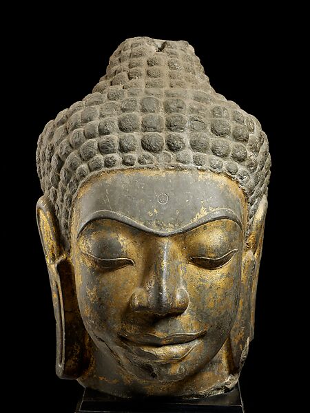 Head of Buddha, Sandstone with traces of lacquer and gilding, Western Thailand 