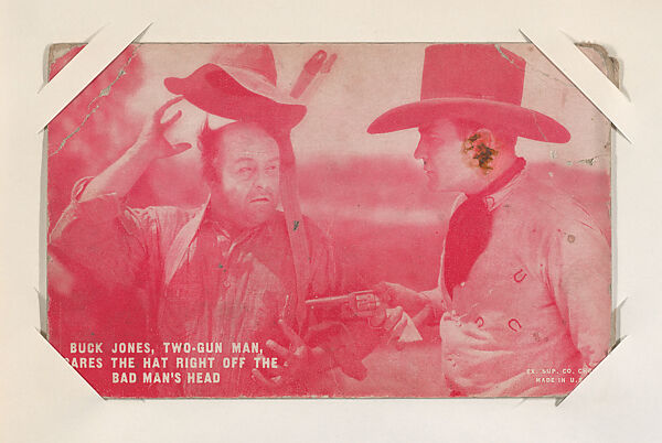 Buck Jones, Two-Gun Man, scares the hat right off the bad man's head from Western Stars or Scenes Exhibit Cards series (W412), Exhibit Supply Company, Commercial color photolithograph 