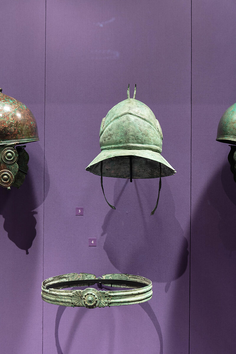 Helmet of Boeotian Type, and Belt, Bronze, lead, Roman 