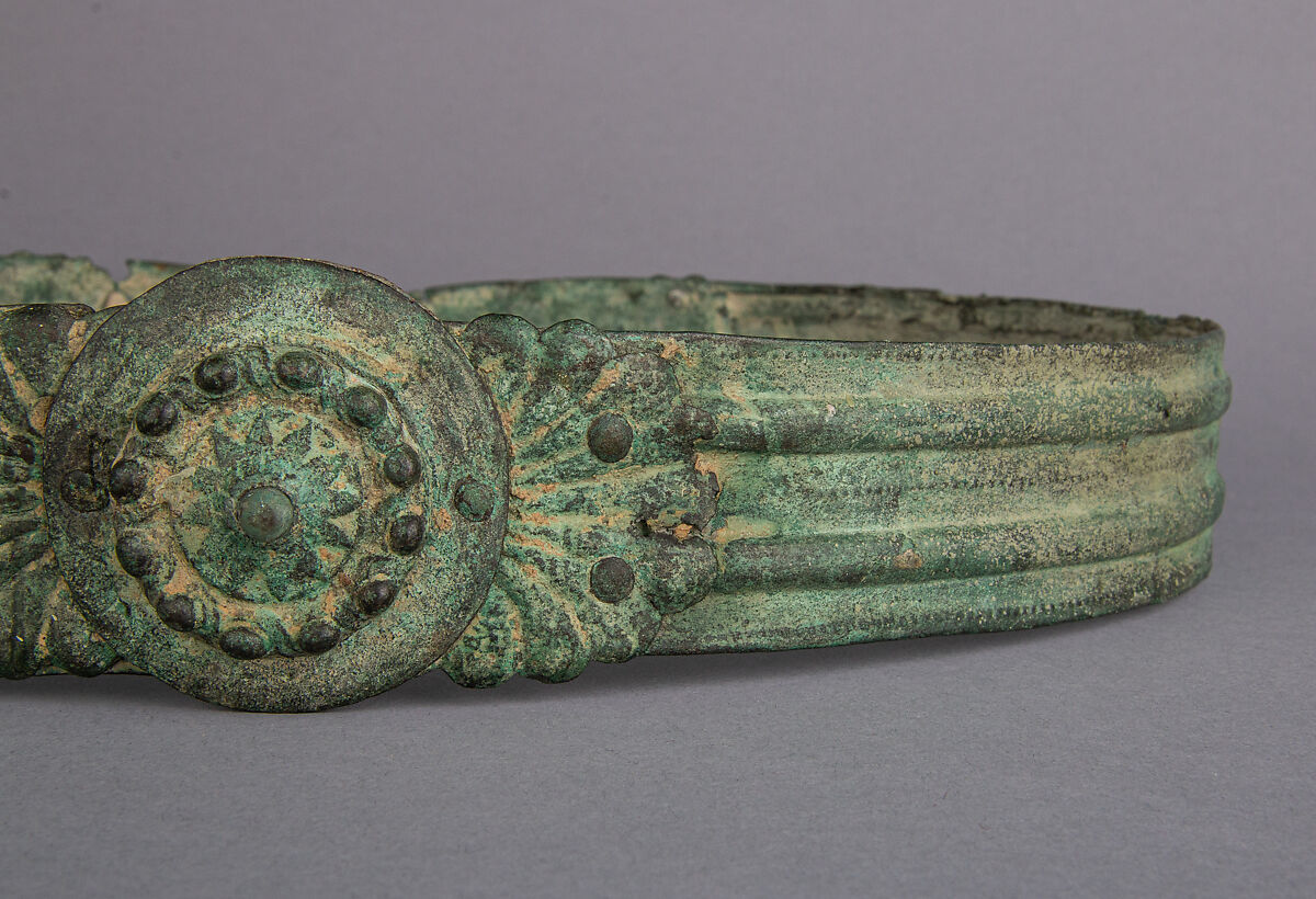 Helmet of Boeotian Type, and Belt, Bronze, lead, Roman