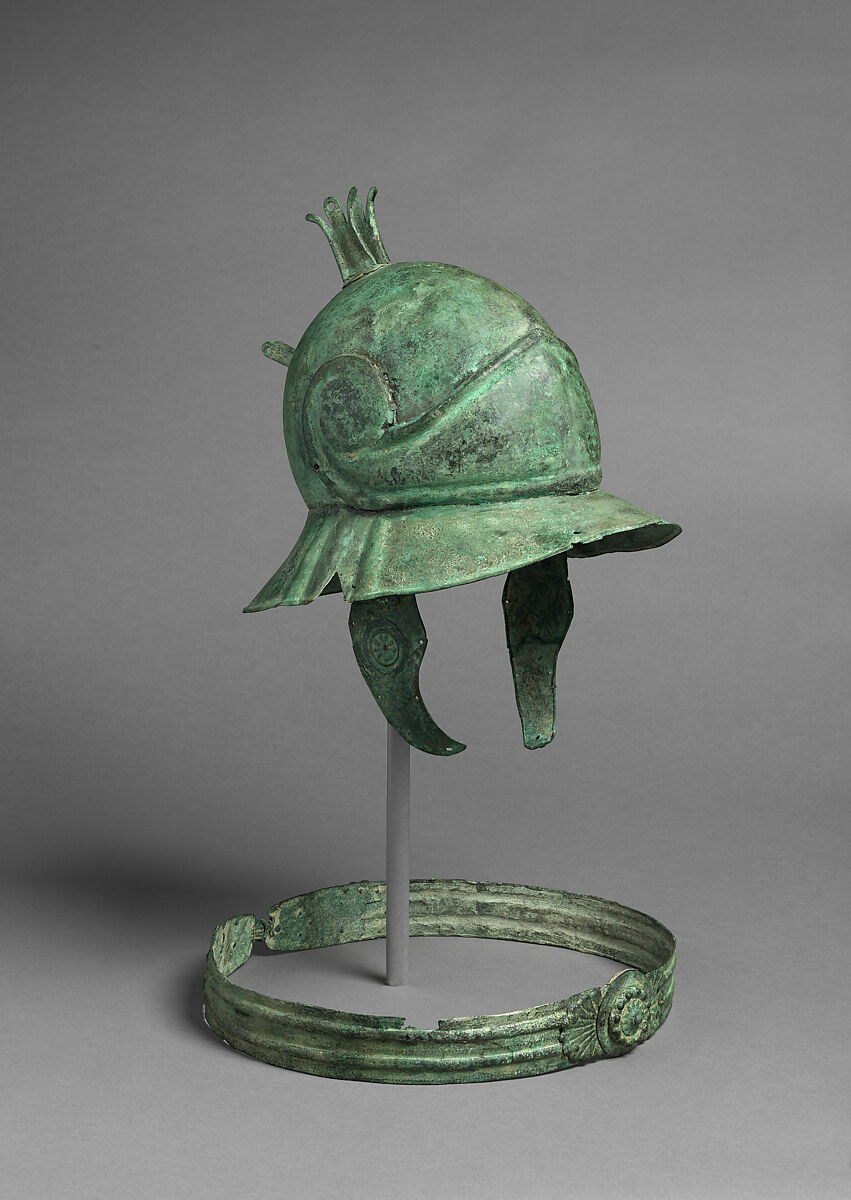 Helmet of Boeotian Type, and Belt, Bronze, lead, Roman 