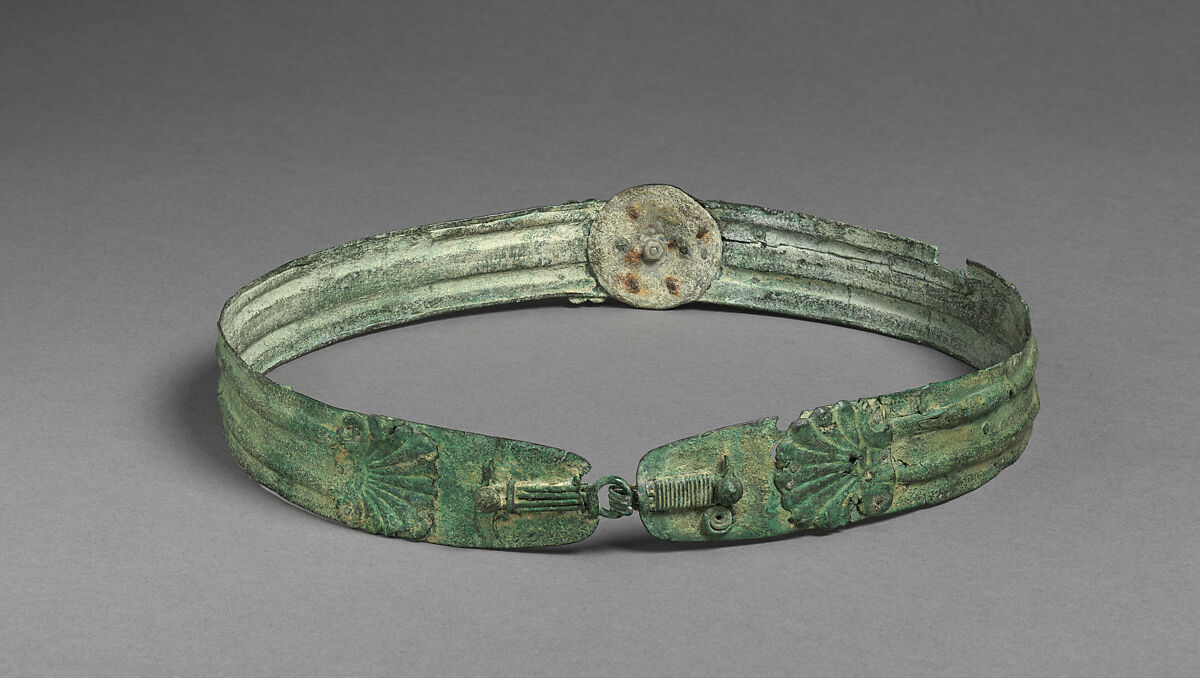 Helmet of Boeotian Type, and Belt, Bronze, lead, Roman