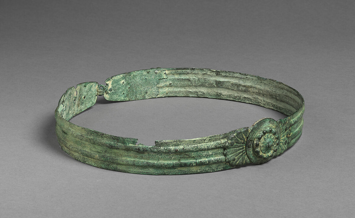 Helmet of Boeotian Type, and Belt, Bronze, lead, Roman