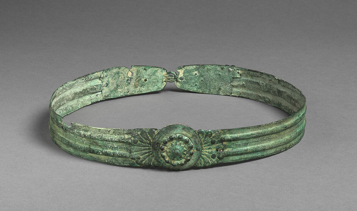 Helmet of Boeotian Type, and Belt, Bronze, lead, Roman