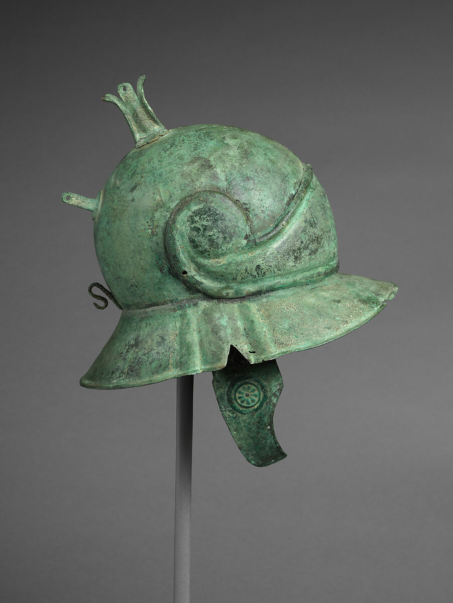 Helmet of Boeotian Type, and Belt, Bronze, lead, Roman