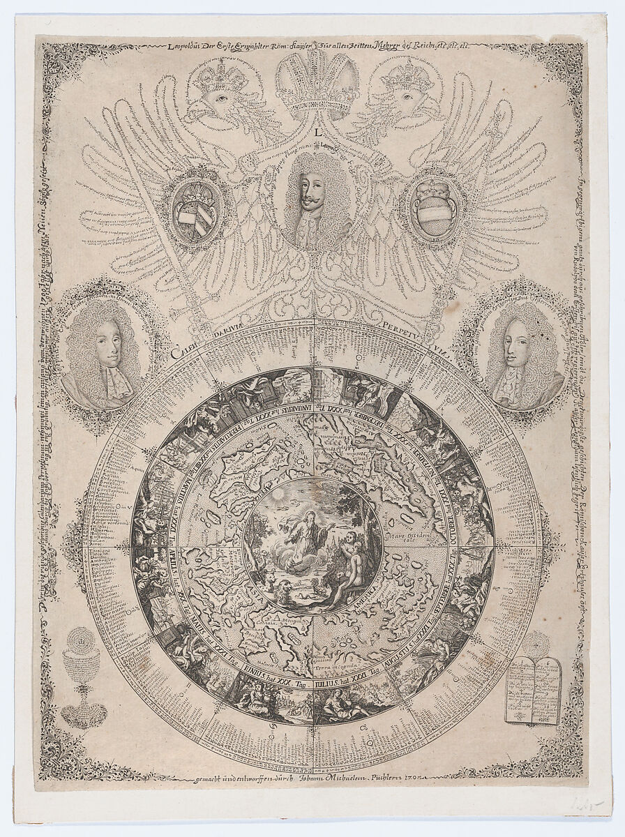 The Perpetual Calendar with Portraits of Leopold I and his sons Joseph and Charles, Johann Michael Püchler (German, born Schwäbisch-Gmünd, active ca. 1680–1702), Engraving 