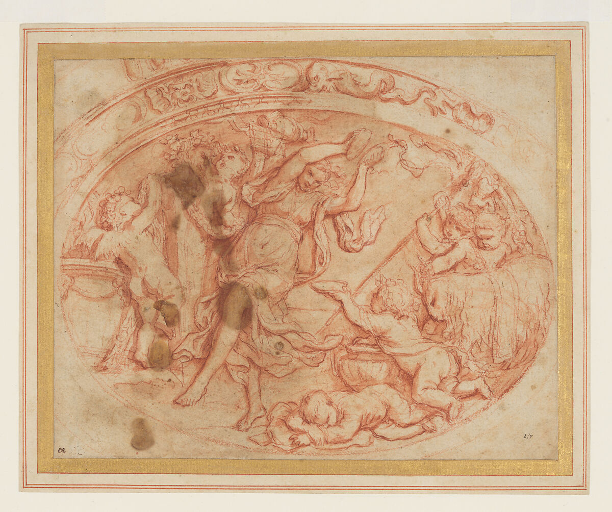 Design for the Decoration of an Oval Dish with a Bacchanal, Attributed to Filippo Lauri (Italian, Rome 1623–1694 Rome), Red chalk, wash 