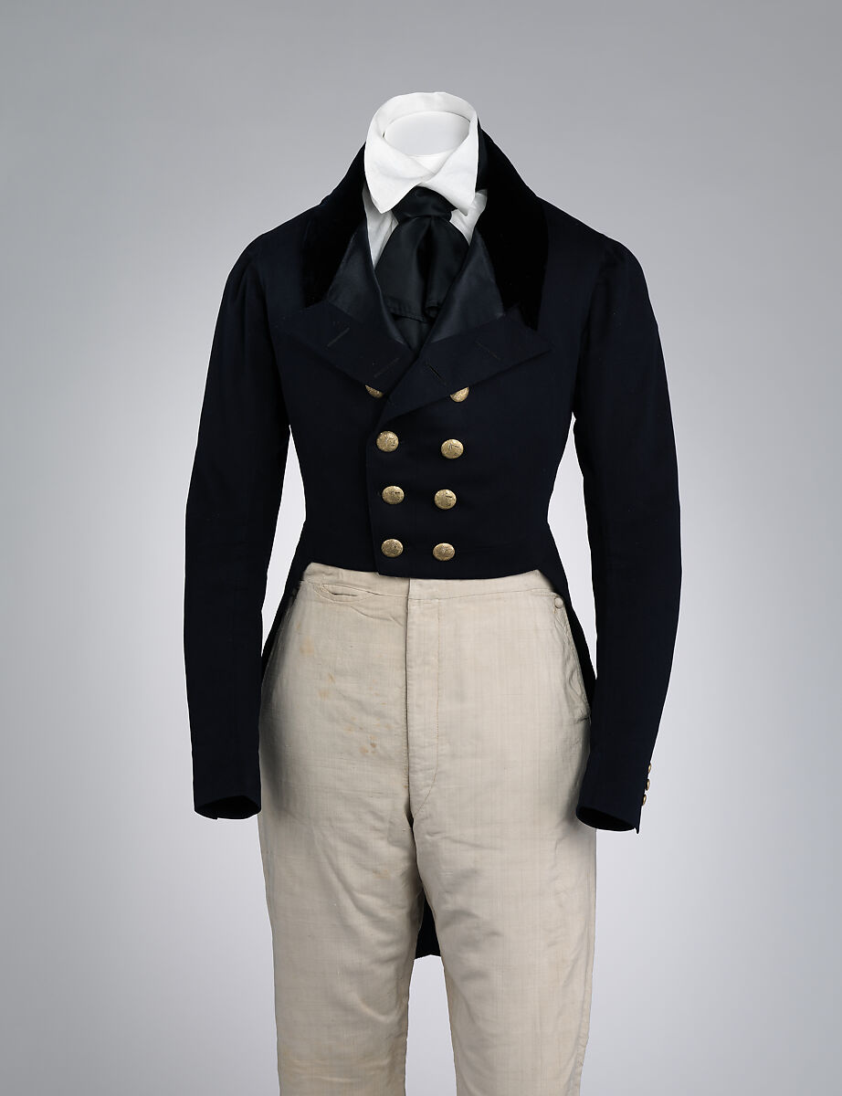 Tailcoat, wool, silk, cotton, metal, probably British 