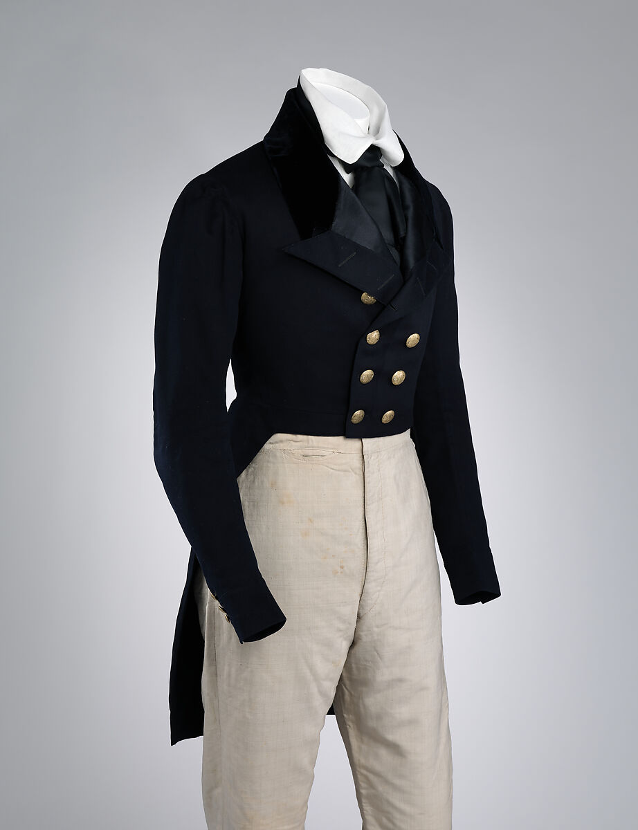 Tailcoat, wool, silk, cotton, metal, probably British