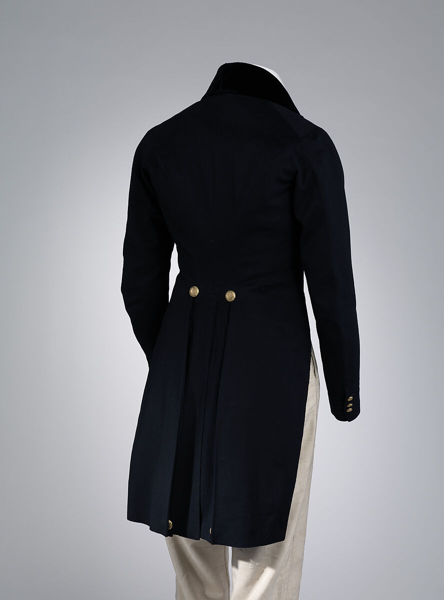 Tailcoat, wool, silk, cotton, metal, probably British