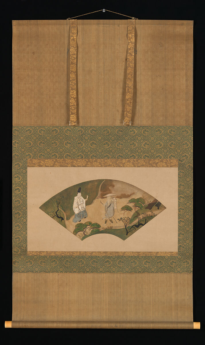Scene from the Tales of Ise: “Mount Utsu”, Fukae Roshū (Japanese, 1699–1757), Fan mounted as a hanging scroll, Japan