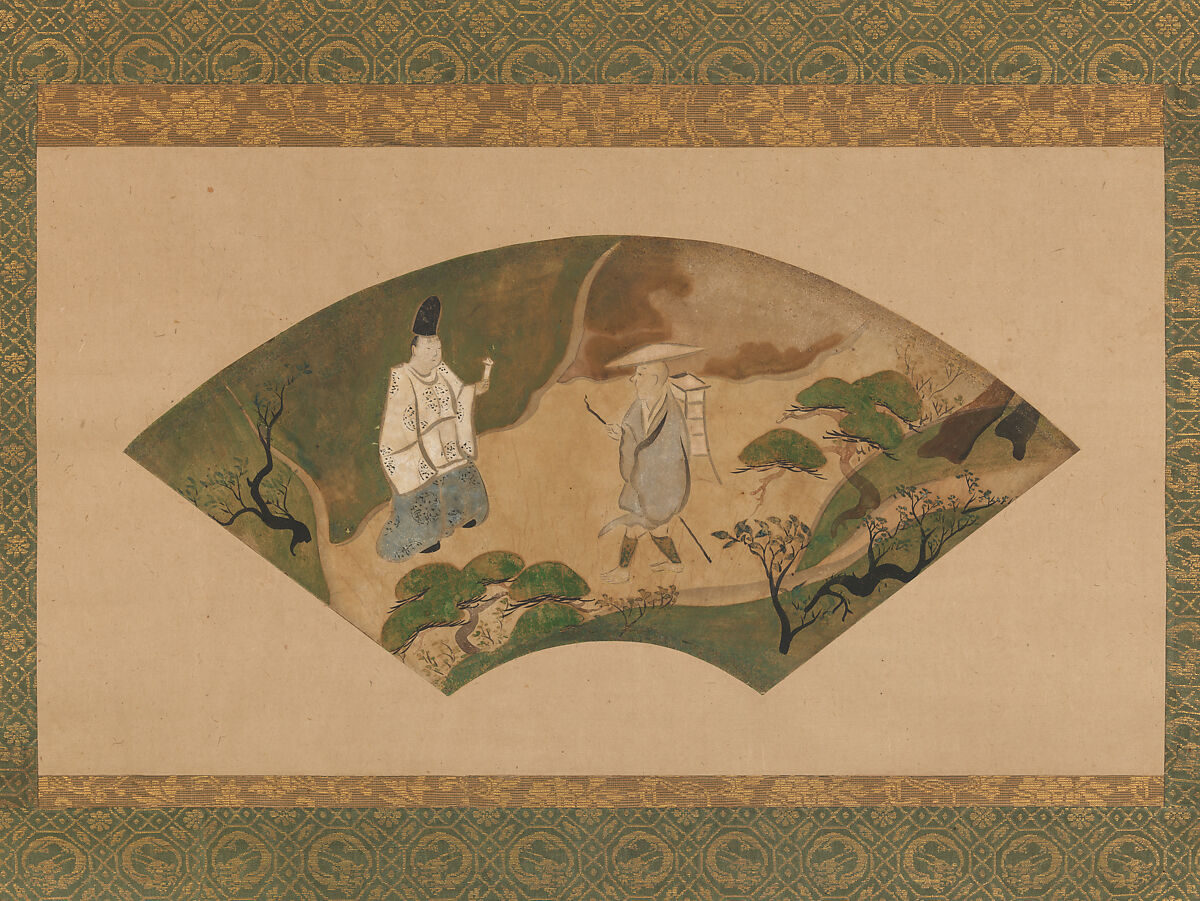 Scene from the Tales of Ise: “Mount Utsu”, Fukae Roshū (Japanese, 1699–1757), Fan mounted as a hanging scroll, Japan 