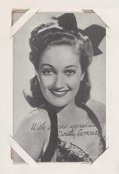 Dorothy Lamour from Movie Stars Exhibit Cards series (W401), Commercial photolithograph 