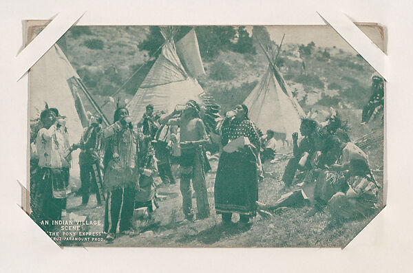 An Indian village scene from "The Pony Express" from Western Stars or Scenes Exhibit Cards series (W412), Commercial color photolithograph 