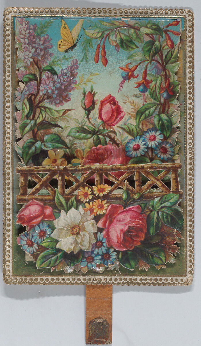 Valentine - Mechanical floral scene - a man on a horse offers a woman a rose - symbol of love., Anonymous, British, 19th century, Heavy card-stock, die cut card stock, chromolithography, paper for hinges 