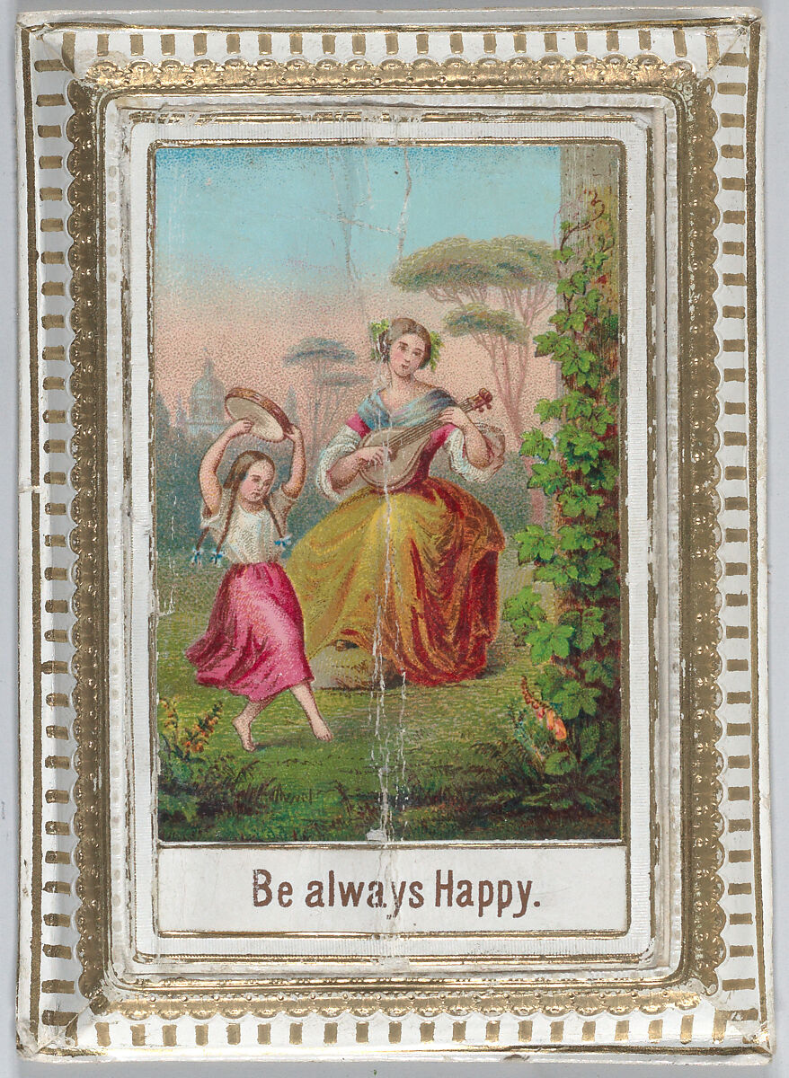 Mechanical box-shaped greeting card:  dancing and bucholic scene, Cupid brings bouquets., Anonymous (British, 19th century), Heavy card-stock, die cut card stock, chromolithography, gilding 
