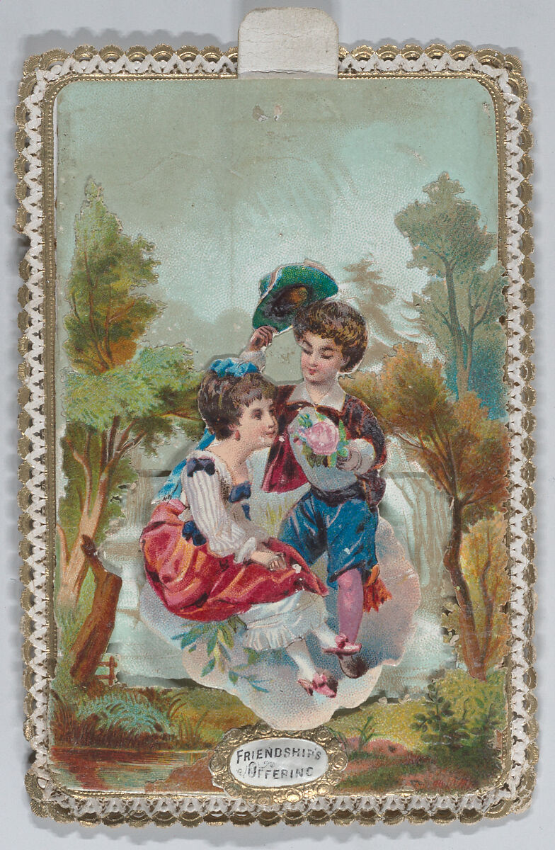 Valentine - Mechanical scene, couple riding in a coach drawn by goats., Anonymous (British, 19th century), Heavy card-stock, die cut card stock, chromolithography with  gilding 