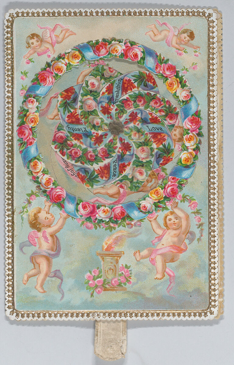 Valentine - Mechanical kaleidoscope, cherubs, Anonymous (British, 19th century), Heavy card-stock, die cut card stock, chromolithography with  gilding, transparent film 