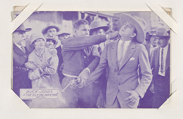 Buck Jones in "The Flying Horseman" from Western Stars or Scenes Exhibit Cards series (W412), Commercial color photolithograph 