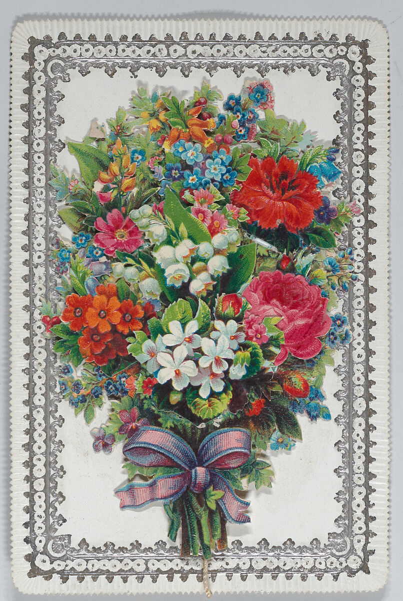 Valentine - Mechanical bouquet, holidays, wedding, Anonymous, British, 19th century, Heavy card-stock,  chromolithography with silver,  die-cut chromolithigraphed scraps, thread 