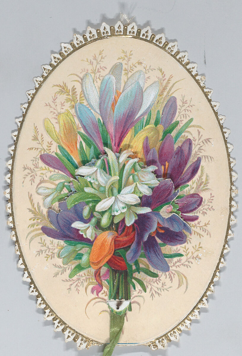 Valentine - Mechanical bouquet,crocus, Anonymous, British, 19th century, Heavy card-stock,  chromolithography with gilding,  die-cut chromolithigraphed scraps, silk ribbon 