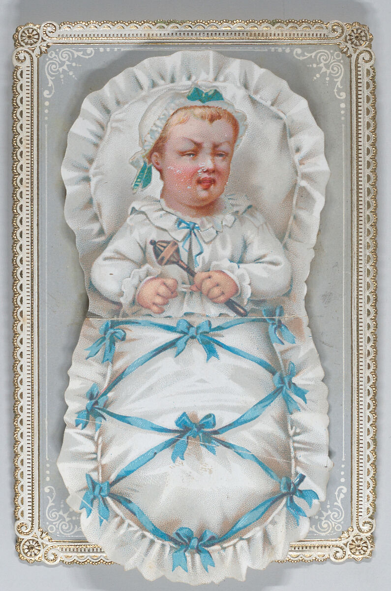 Valentine - Mechanical bouquet, baby boy bunting, Anonymous, British, 19th century, Heavy card-stock,  chromolithography with gilding,  die-cut chromolithigraphed scrap, ink