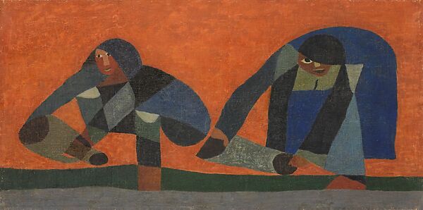 Les porteuses d'eau, Hamed Abdalla (Egyptian, Cairo 1917–1985 Paris), Gouache on Japanese paper on canvas 