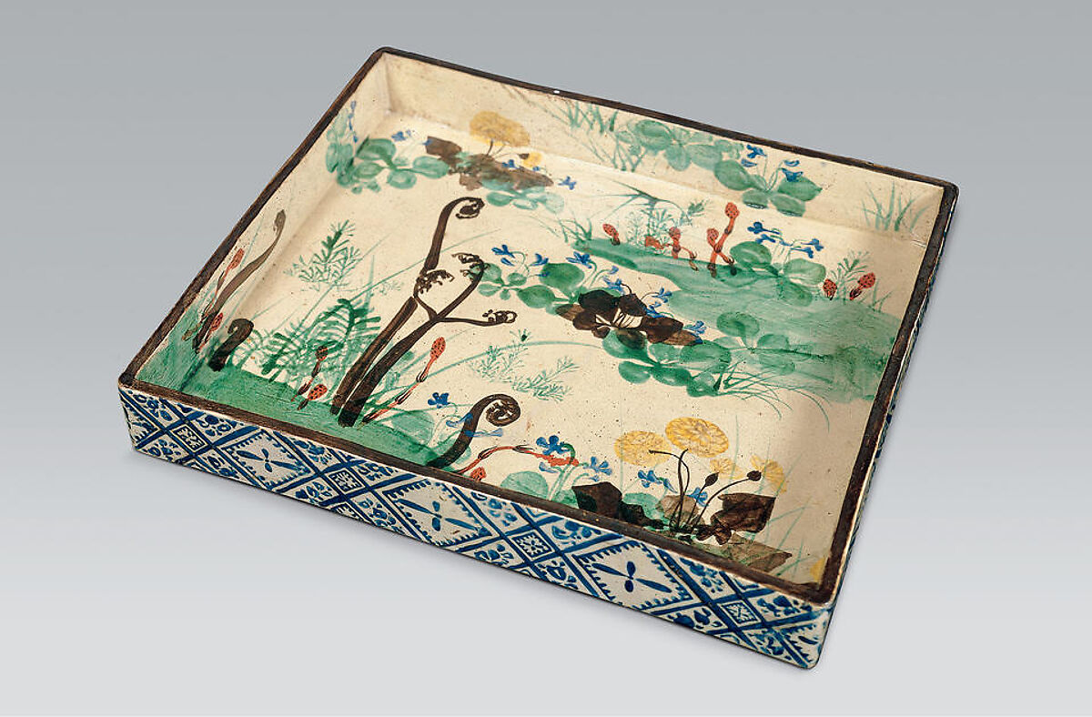 Square Dish with Spring Flowers, Style of Ogata Kenzan (Japanese, 1663–1743), Stoneware with polychrome underglaze enamels, Japan 