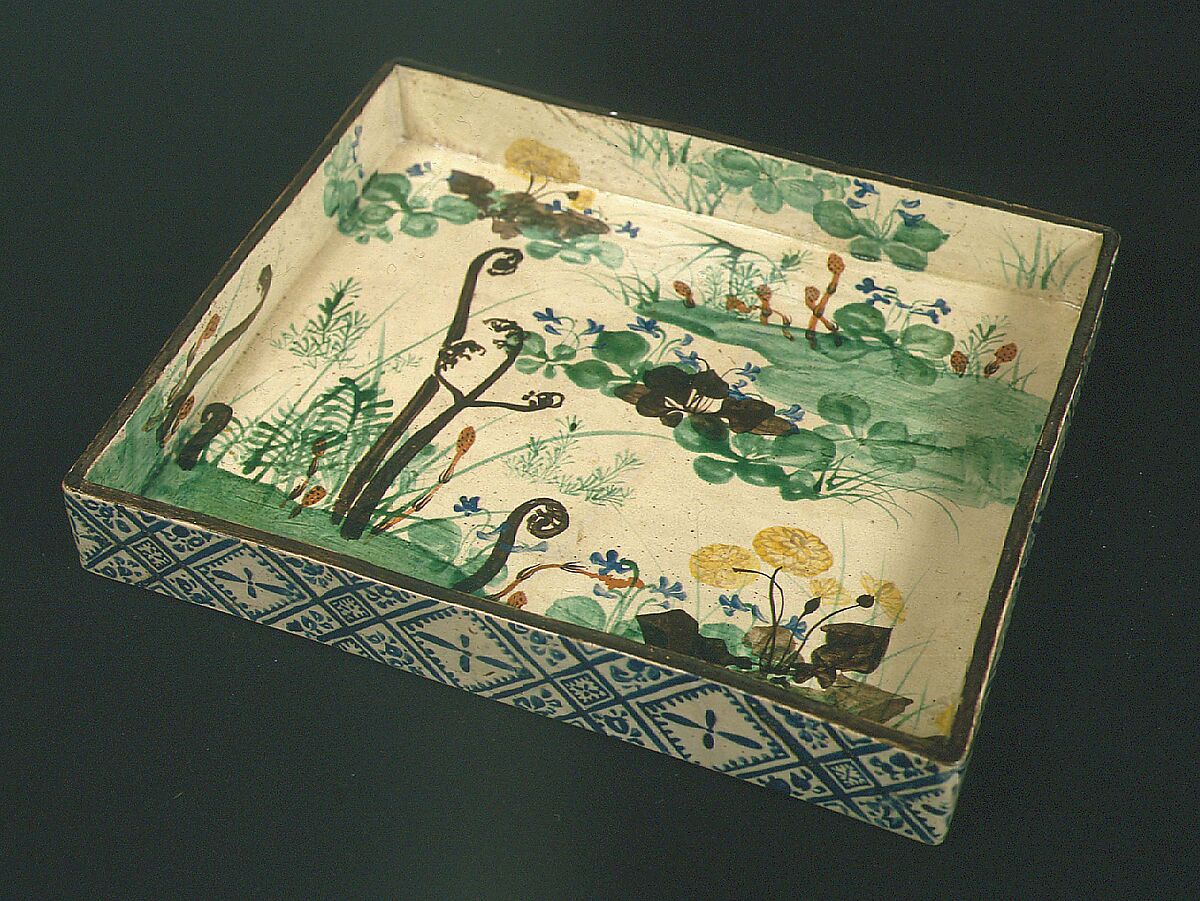 Square Dish with Spring Flowers and Grasses, Style of Ogata Kenzan (Japanese, 1663–1743), Stoneware with polychrome enamels under transparent glaze (Kyoto ware), Japan