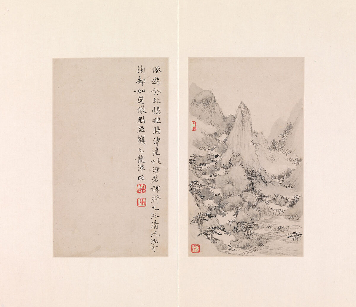 Eight views of the Yellow Mountains, Zheng Min (Chinese, 1633–1683), Album of nine leaves of painting and calligraphy; ink on paper, China