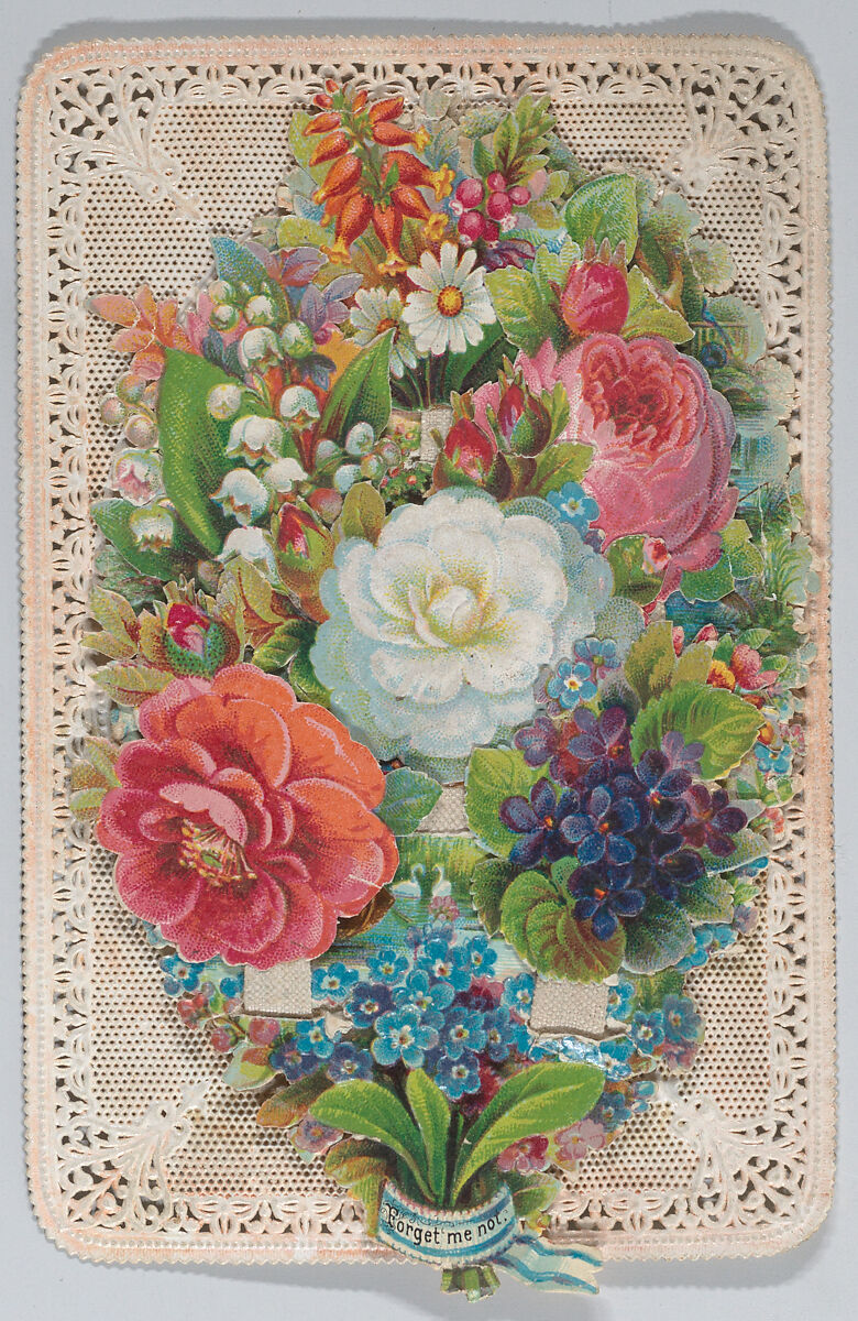 Valentine - Mechanical - flowers reveal happy messges, Anonymous, British or American, 19th century, Heavy lace-embossed card-stock, die cut chromolithographed scraps, white silk ribbon for tabs  