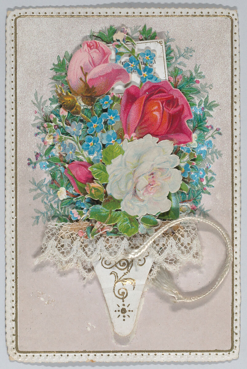 Valentine - Name Day Celebration - bouquet with tassel, Anonymous, British, 19th century, Heavy card-stock, die cut chromolithographed scraps, gilding, lace fabric, silk tassel, ink  