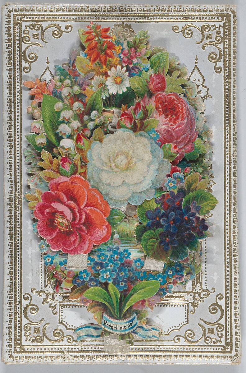Valentine - Mechanical, flowers with hidden messages, sachet, Anonymous, British, 19th century, Gilded, embossed envelope, die cut scraps, chromolithography, silk ribbon for tabs, silk fabric, sachet and contents 