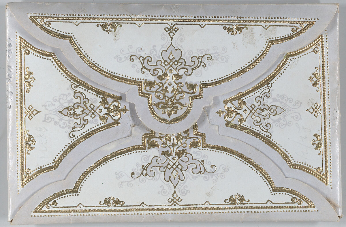 Valentine - Mechanical, flowers with hidden messages, sachet, Anonymous, British, 19th century, Gilded, embossed envelope, die cut scraps, chromolithography, silk ribbon for tabs, silk fabric, sachet and contents