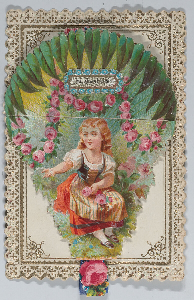 Valentine - Mechanical, layers of roses, Anonymous, British, 19th century, Heavy card-stock, die-cut scraps, chromolithography, gilding, blue silk ribbon, white silk ribbon, tiny paper lace round doily 