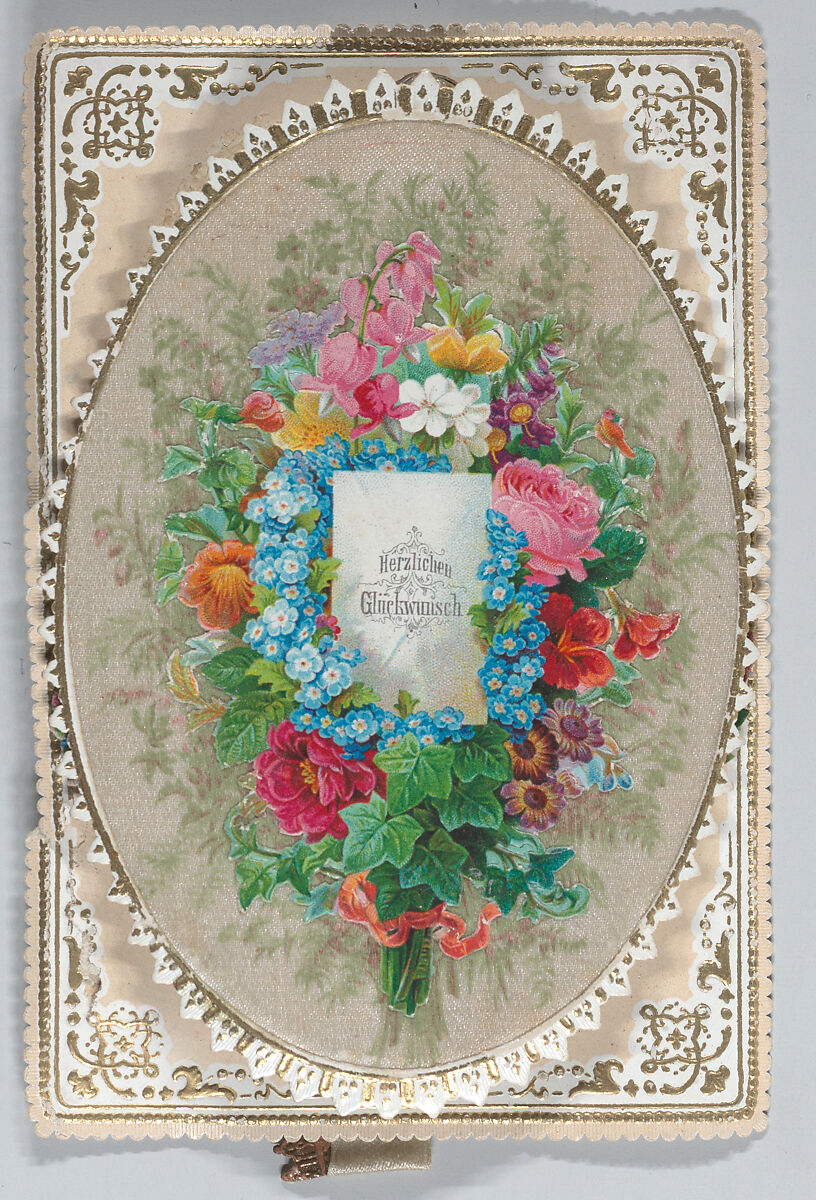 Valentine - Mechanical, pull tab bouquet, Anonymous, German, 19th century, Heavy card-stock, die-cut scraps, chromolithography, gilding, cream silk ribbon, thread 