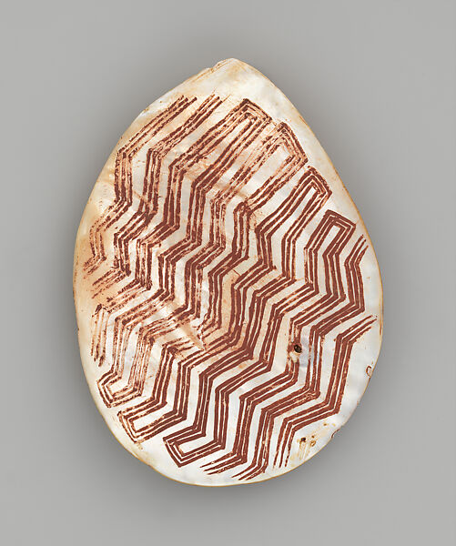 Engraved pearl shell, Carved Australian Gold-Lipped Pearl Shell, Pinctada Maxima [not endangered], natural earth pigments, Western Australia 