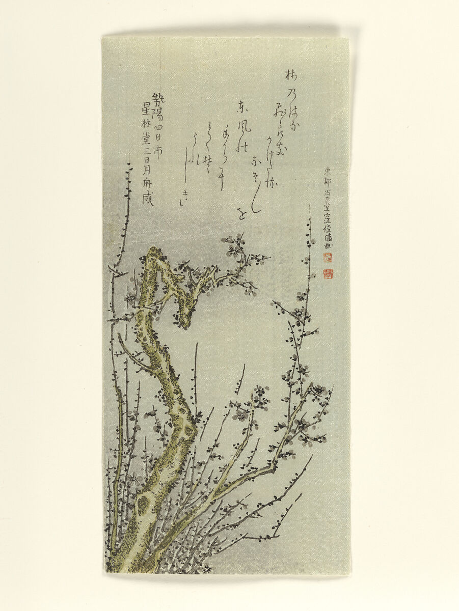 Old Plum Tree, Kubo Shunman (Japanese, 1757–1820), Woodblock print (surimono); ink and color on satin (or paper with satin texture), Japan 