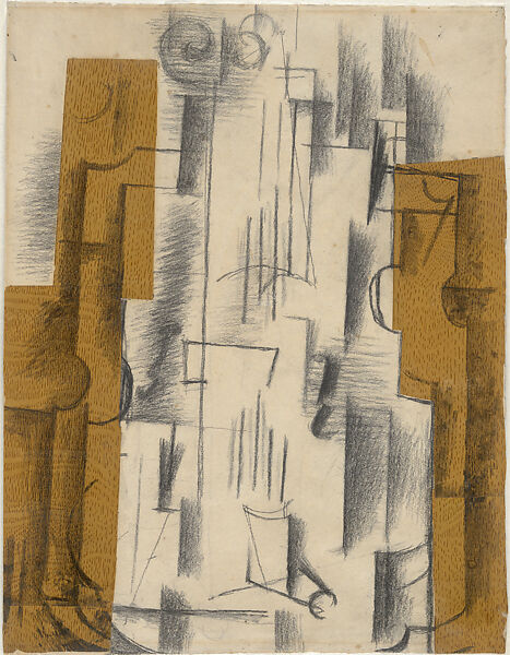 Still Life with Violin, Georges Braque (French, Argenteuil 1882–1963 Paris), Charcoal and cut-and-pasted printed wallpaper, selectively varnished, on laid paper 