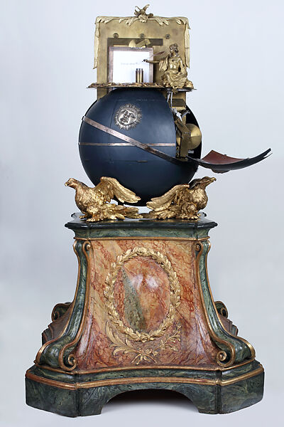 Miraculous Writing Machine, Friedrich von Knaus (German, 1724–1789), Iron, brass, bronze (cast, some colored), paper, wood (with marbleized stucco, gilding), Austrian, Vienna 