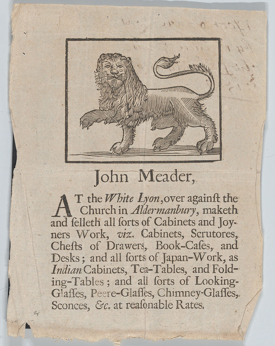 Trade Card of John Meader, Cabinets and Joyners Work, at the White Lyon in Aldermanbury, John Meader (British, active London, ca. 1690–1720), Woodcut 