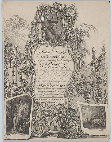 Trade Card of John Smith, Map and Printseller, at Hogarth's Head, Cheapside, Butler Clowes (British,  ca.1730–after 1782), Etching 