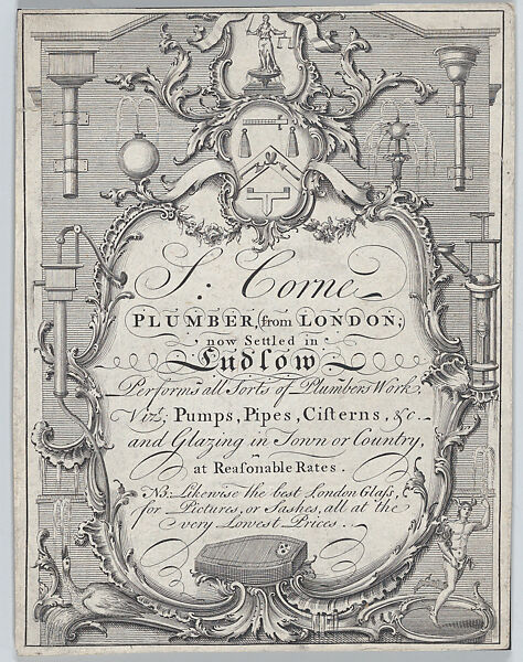 Trade card of J. Corne, Plumber in Ludlow, J. Corne (British, active London and Ludlow, ca. 1750–70), Engraving 